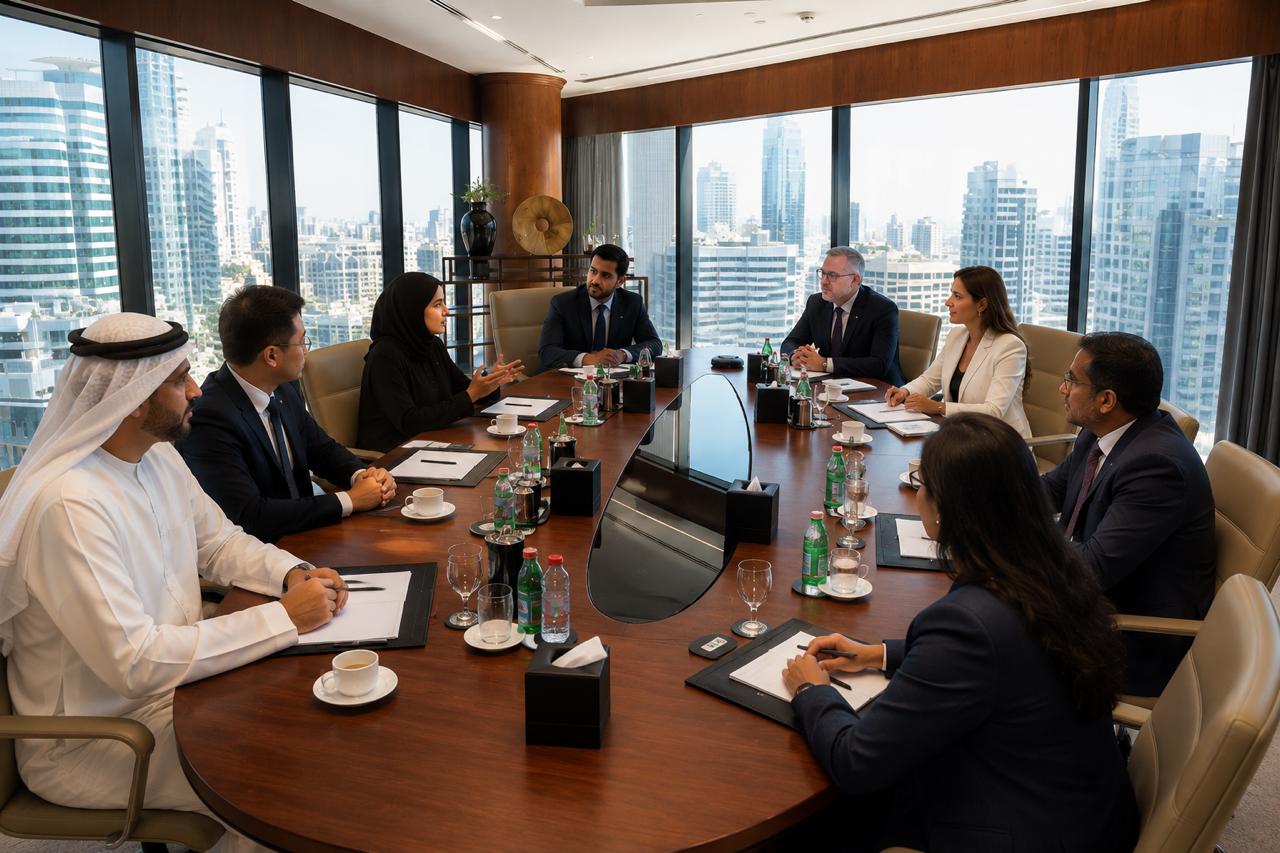 Jeenat Health team meeting an international healthcare delegation in Dubai